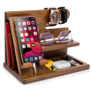 Wood Phone Docking Station for Men | Desk & Nightstand Organizer with Key Holder, Wallet Stand, Watch Slot | Birthday Gifts for Husband, Dad | Anniversary Idea from Wife