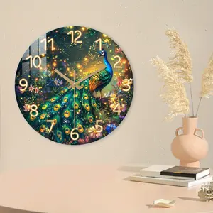 Fantasy Theme Peacock Design Wall Clock Decorative, Silent Clock for Living Room, Bedroom, Kitchen, Office, Battery Operated, Natural Lover Gift, Decor