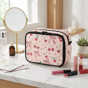 Large Capacity Cosmetic Storage Bag with Handle, Cherry Bow Cute Durable Reusable Travel Makeup Organiser Pouch, Zipper Makeup Organizer Pouch with Multiple Compartments for Women Ladies Gym Holidays, Valentine‘s Day Gift