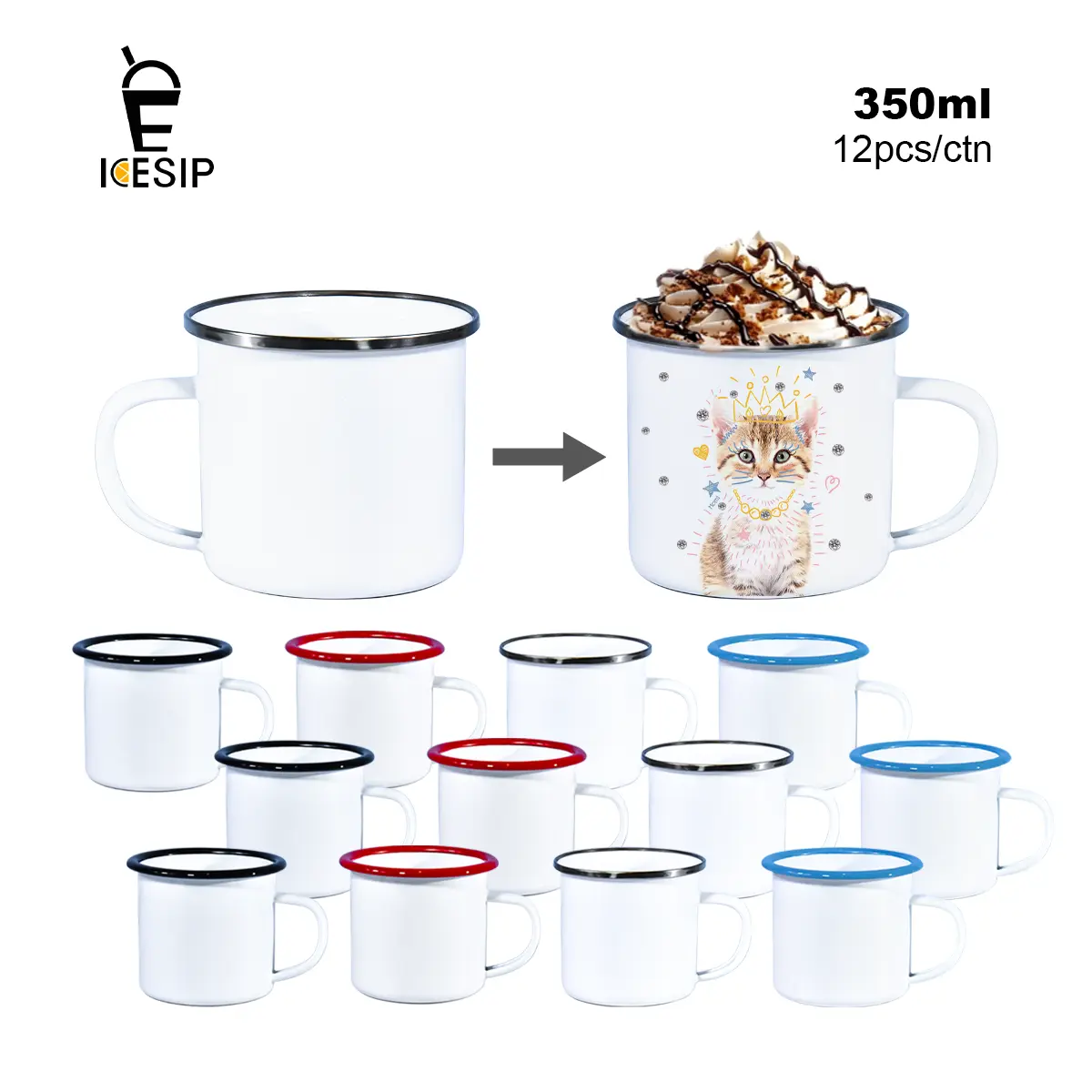 Icesip 12oz (350ml) Sublimation Blank White Enamel Mug with Mixed Color Rim, Washable Ceramic Drinkware, DIY Personalized Gift Option, 12pcs/Ctn