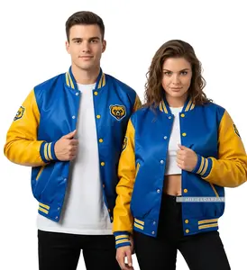 California Golden State Satin Varsity Jacket Royal Blue & Gold Colorblock Fitted Long Sleeve Casual Preppy Sports West Coast Athletics Streetwear Menswear Stylish