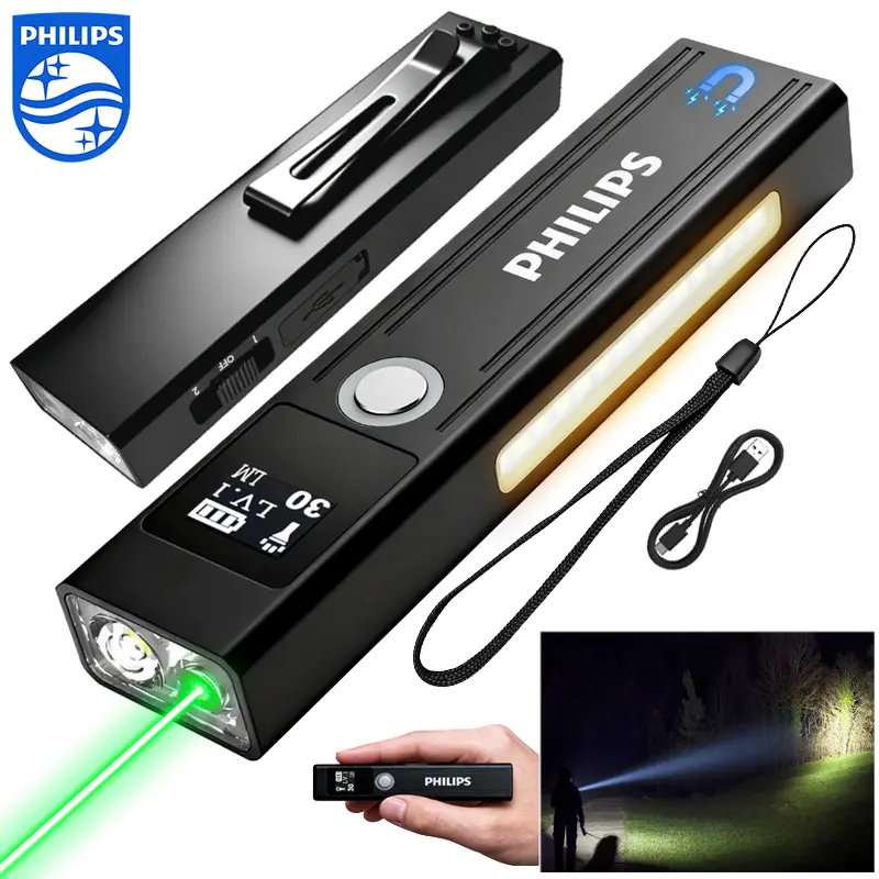 Philips SFL6256 Rechargeable High Lumens LED Flashlight with LED Beads, 1200-Lumen Magnetic Torch, 9-Mode Waterproof Tactical Light with Side Light Mode, USB Cable-Included Portable Outdoor Gear for Hiking, Fishing