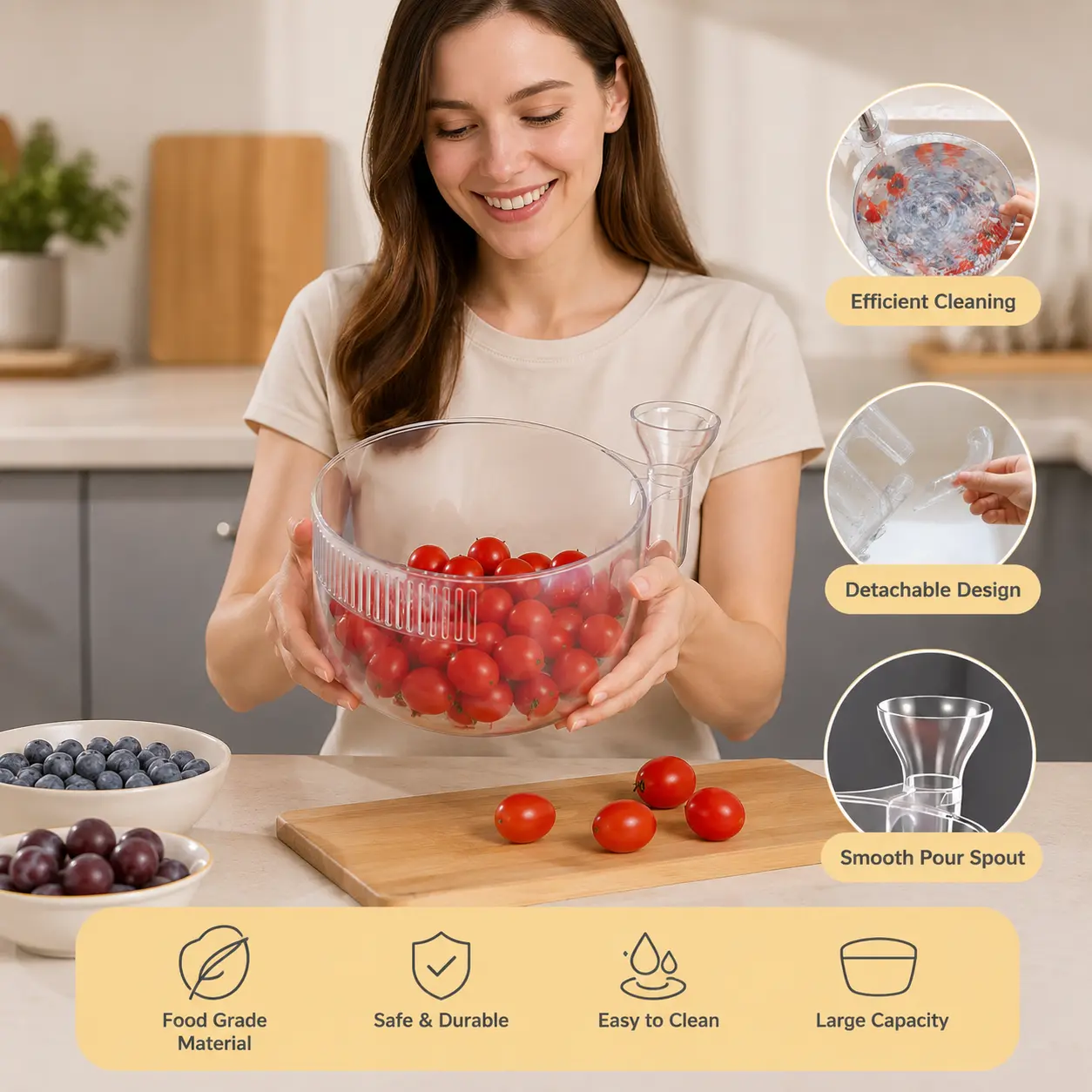 1 Count, Transparent Detachable Fruit and Vegetable Washing Draining Basket, Clear Strainer for Daily Kitchen Food Cleaning Use