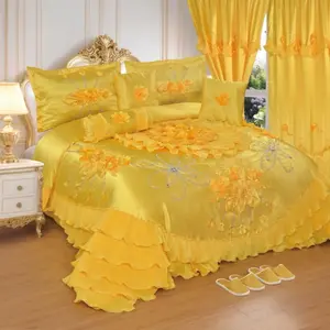 Wedding Set - Pink and White Bedding with Floral Design and Ruffled Edges