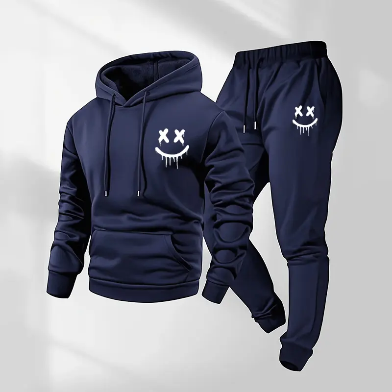 Men's 2-Piece Hoodie/Pants Tracksuit - Casual Smile Face Graphic Hooded Long Sleeve Sweatshirt, Drawstring Pants, Soft Poly Knit Loose Fit, Sporty Set, Everyday Wear Streetwear