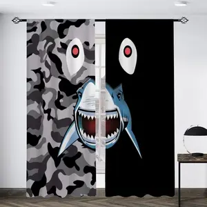 2 pieces, black and white shark print semi transparent curtains, multi scene polyester stick pocket decorative curtains, used for living room, gaming room, bedroom home decoration, party supplies