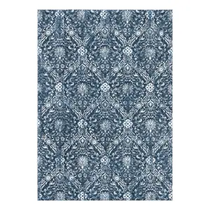 9 x 12 ft Rectangular Polyester Bohemian Area Rug, Cashmere Blue Foldable Floral Print Damascus-Style, Washable for Hallway, Bathroom Entryway