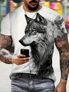 Streetwear Animal Anime Cool Wolf Digital Print Men's Fashion Short Sleeve Round Neck T-Shirt, Summer Outdoor Casual Fun Gift Tee