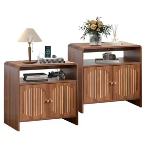 Giratree 24" Farmhouse Side Table with Charging Station, Mid Century Modern End Table with Storage & Arched Doors, Wooden Nightstand with USB/Type-C Ports, Curved Side Table for Living Room Bedroom