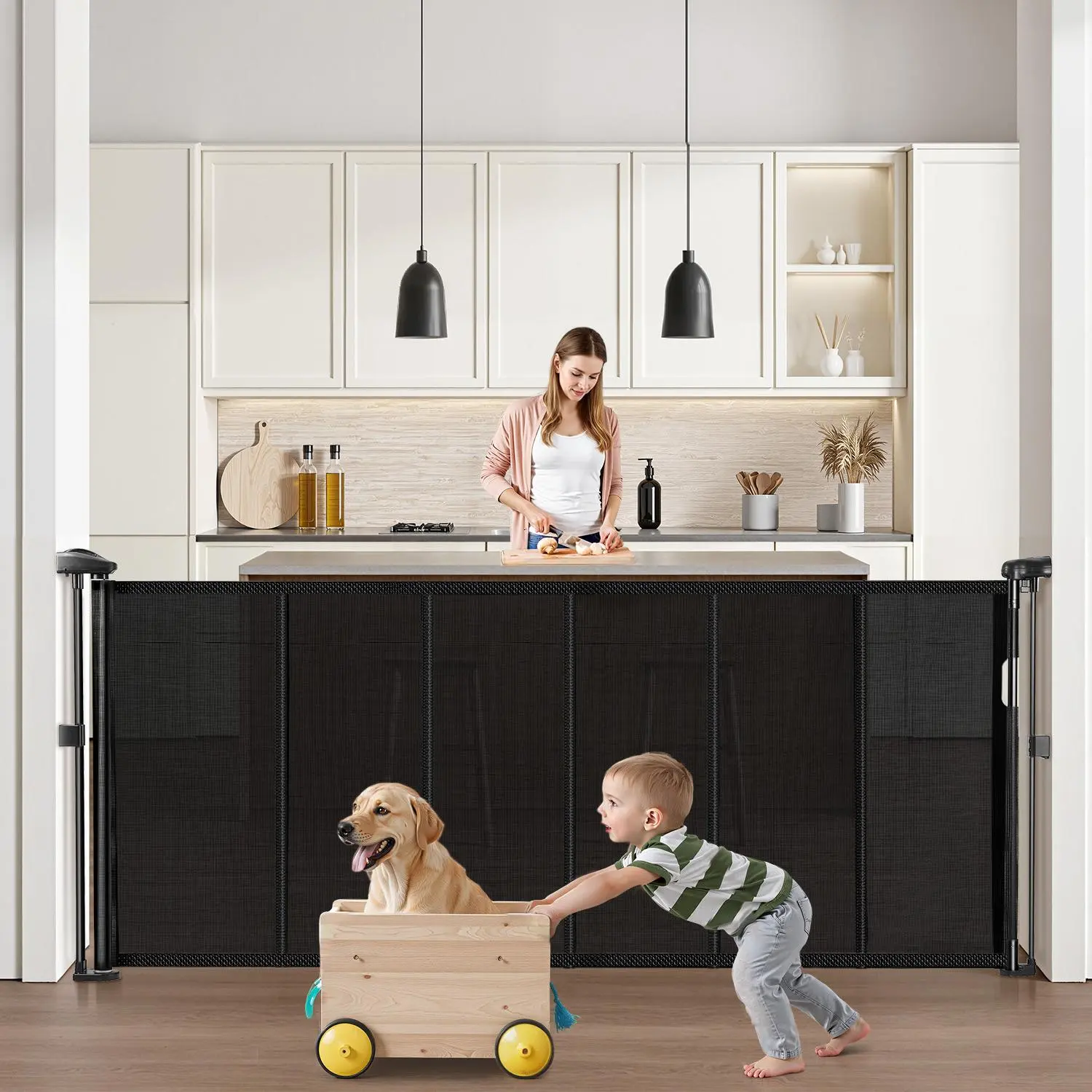 【summerfinds】VEVOR Retractable Baby Safety Fence, 34in Tall, Extends up to 71in Wide, Mesh Safety Guardrail for Kids, Easy Installation for Indoor Stairs, Doorways, Black (Father's Day Gift), Safety Fences