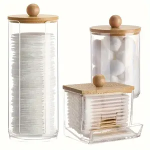 3 PCS   Cotton Swab Holder Bathroom Dispenser Storage Box, Organiser, Bathroom Accessory Set, Clear Jar Canister with Bamboo Lid for Cotton Balls Swabs Pads Flosser Home Organizing Supplies