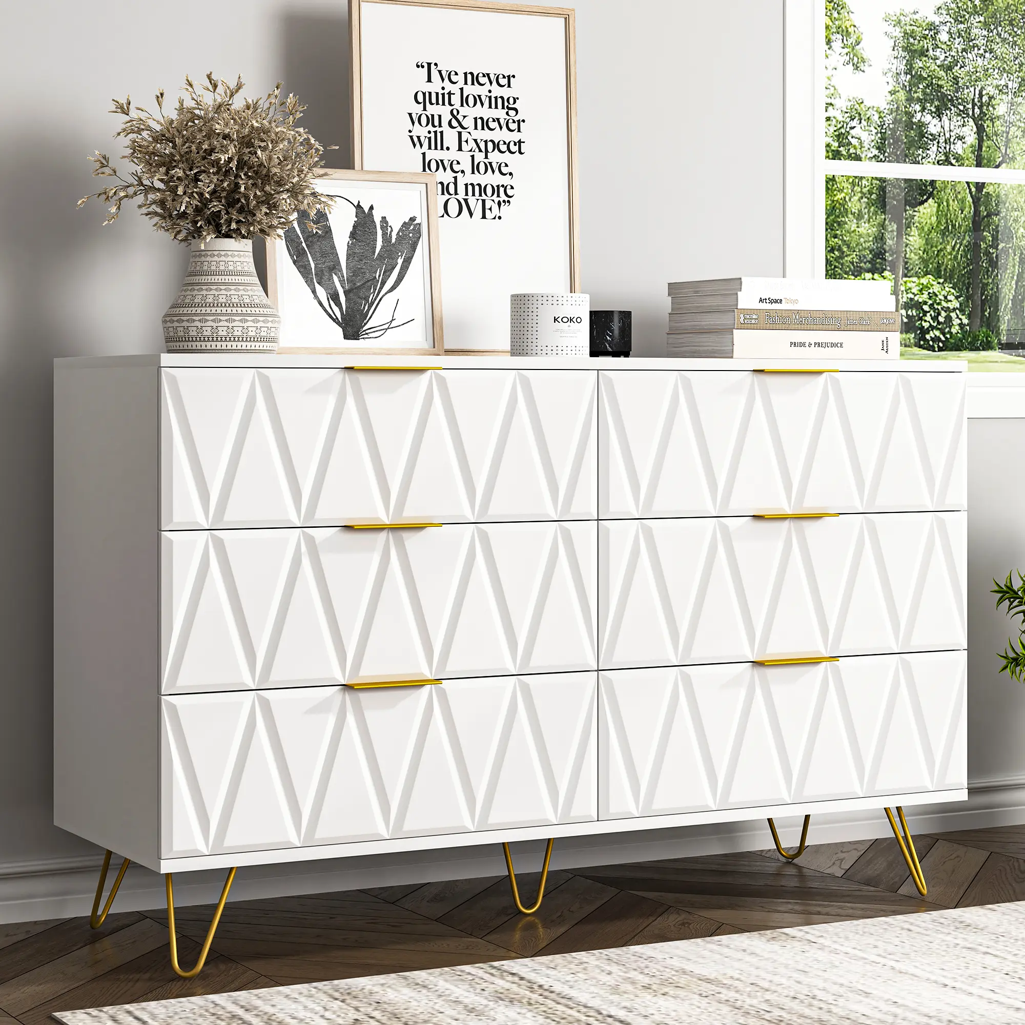 Spaco 6-Drawer Vintage Wooden Storage Cabinet - Metal Legs, X-Shape Frame, Multi Drawer Organization, Compartment Design, Indoor Furniture for Bedroom, Living Room (White), Multi Drawer Cabinets,dorm essentials,home decor