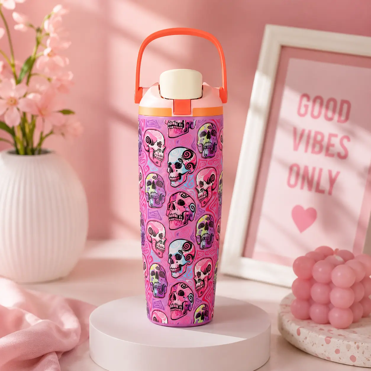 32oz Skull Powder Edition Insulated Stainless Steel Water Bottle, Colorful Skull Pattern Leakproof Tumbler with Carry Handle