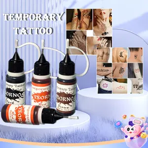 Temporary Tattoo Kit 3 Bottles ColorInks ,Stencils Kit for BodyPaint DlY Fake Tattoos for (black/red/ brown/)Makeup Cosmetic