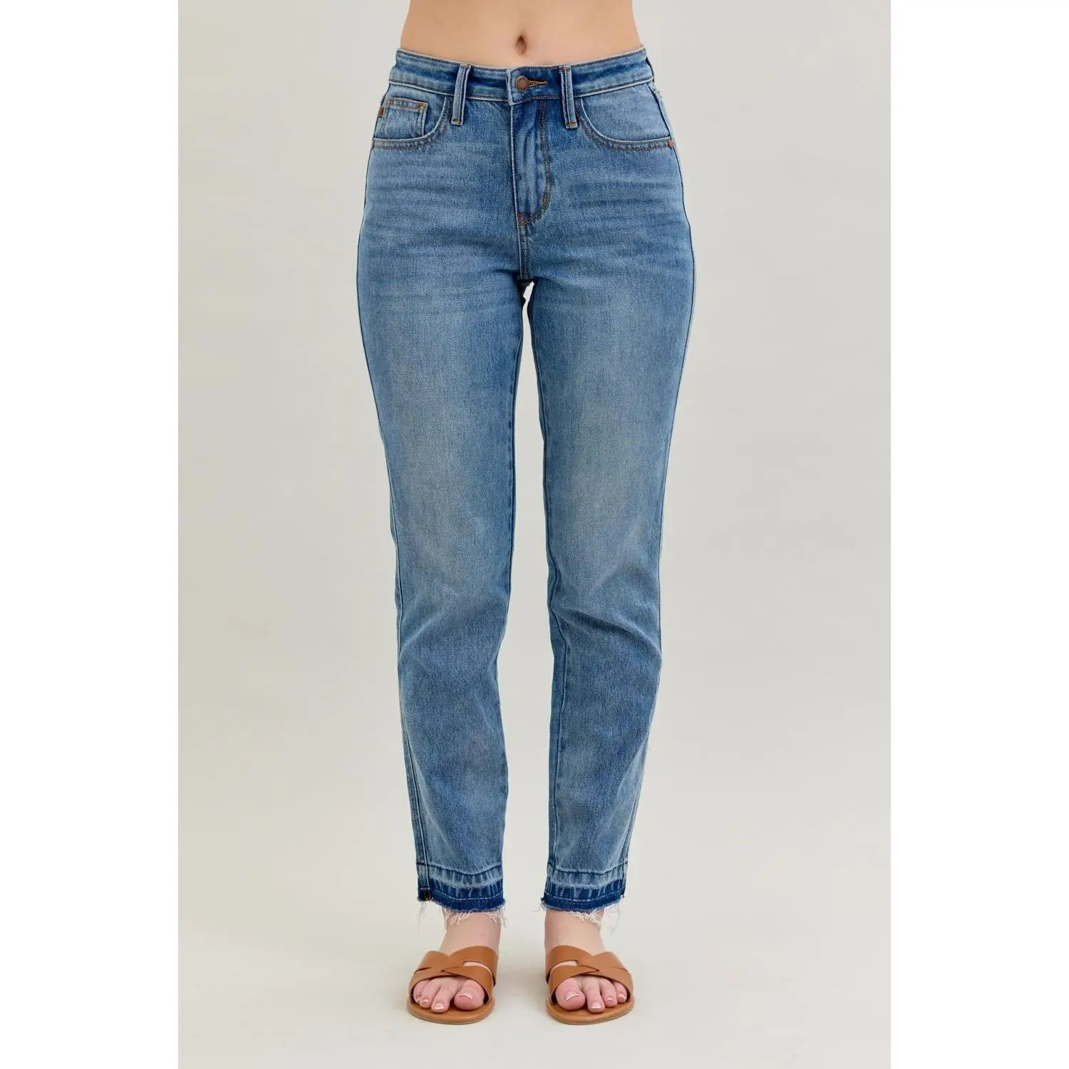 Judy Blue Lady's Rigid Magic Boyfriend Jeans - Mid Rise Relaxed Fit Stretchy Polyester-Spandex Cotton Denim, Hip-Flattering Design with Release Hem for Everyday Wear, Bottoms, Basic, Casual, Style, Multi-Size, Cotton Blend