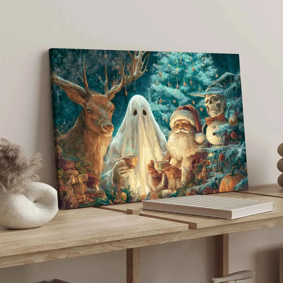 Vintage Christmas Santa & Ghost Canvas Print, Solid Wood Frame, Waterproof Wall Art for Bedroom Decor, Ideal Gift for Festive Season