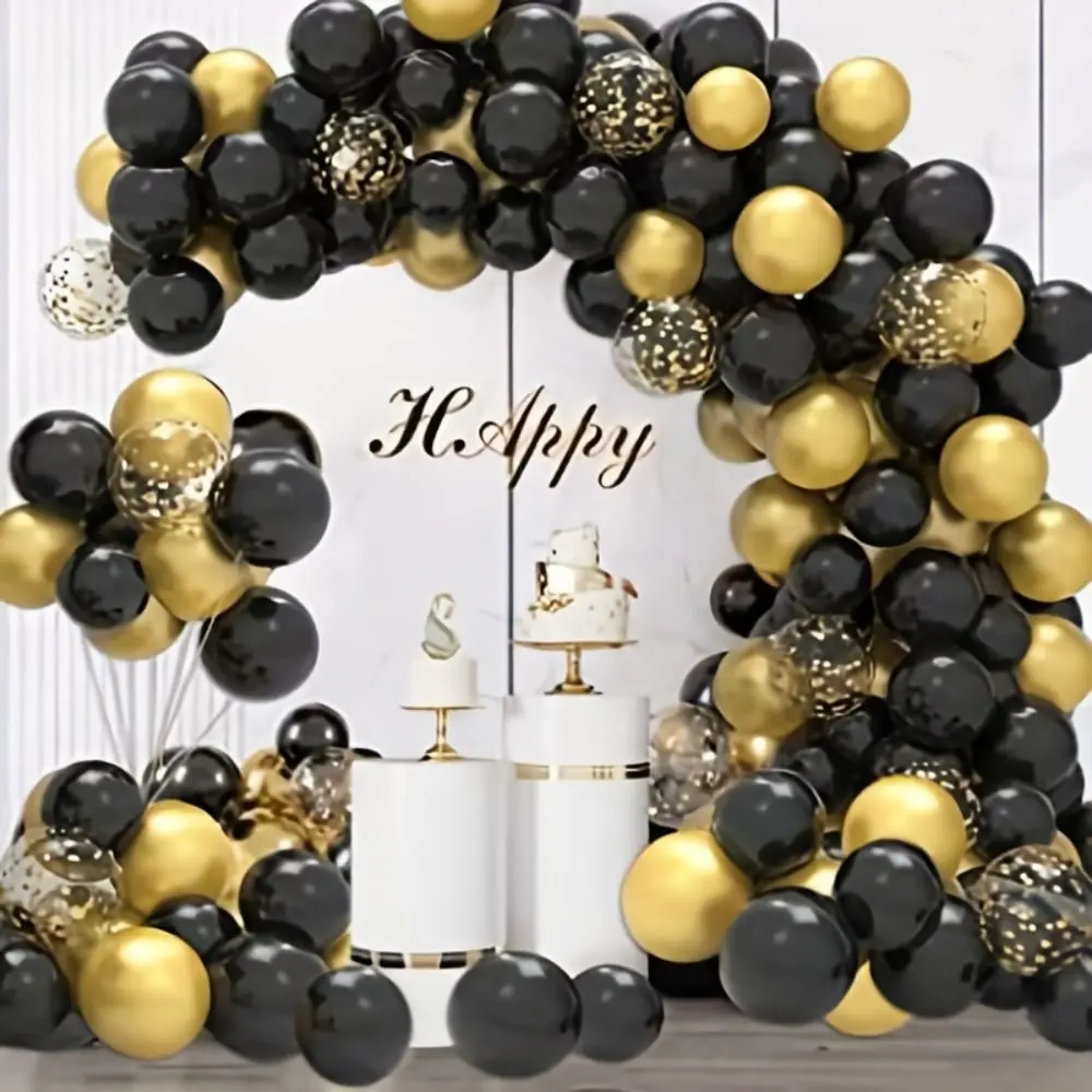 104Pcs Metallic Latex Balloon Garland Kit, Black & Metallic Gold Assorted Sizes Balloons with Confetti, Glue & Tying Tool, Easy DIY Assembly, No Electricity Needed, Home & Birthday Party Supplies Backdrop