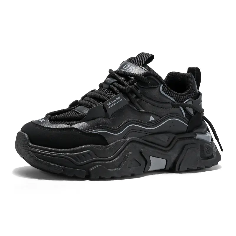 Men's Chunky Platform Dad Sneakers, Mesh Faux Leather Patchwork Casual Shoes, Non-Slip Rugged Thick Sole Athletic Trainers, Fashion Street Walking Shoes, Khaki / All Black Available