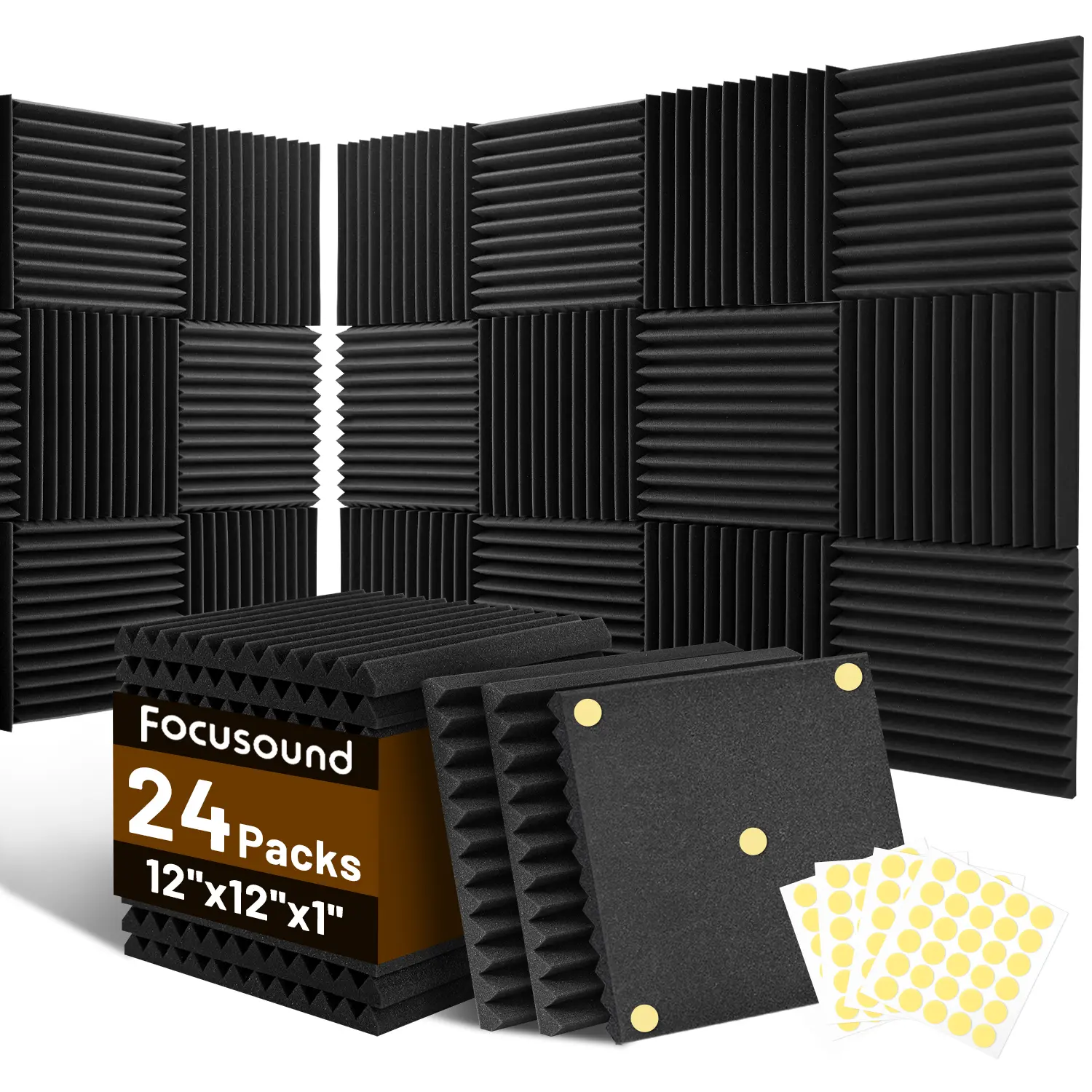 24 Pack Acoustic Foam Panels 1" x 12" x 12" Sound Proof Foam Panles Soundproofing Noise Cancelling Wedge Panels for Home Office Recoding Studio with 240PCS Double-Side Adhesive