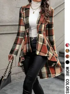 Women's Plaid Print Button High Low Hem Slim-Fitted Jacket, Casual Long Sleeve Lapel Neck Open Front Outerwear for Fall & Winter, Ladies Clothes for Daily Wear, Coats, Womenswear