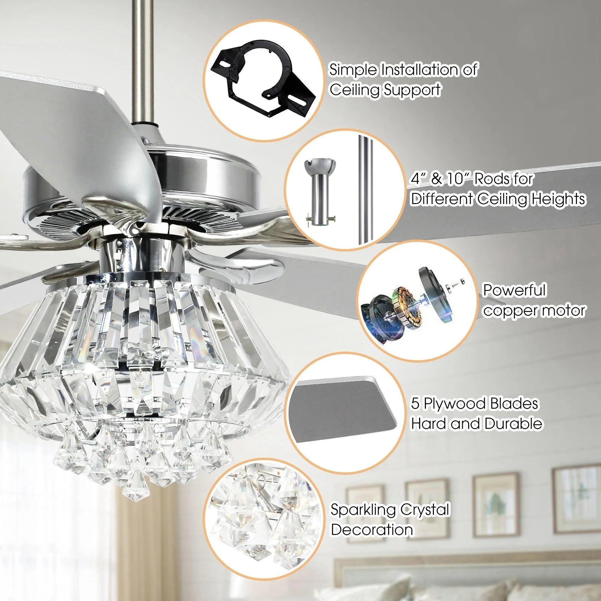 52" Kerala Modern Chrome Crystal Ceiling Fan, Downrod Mount, Reversible Blades with LED Light & Remote Control