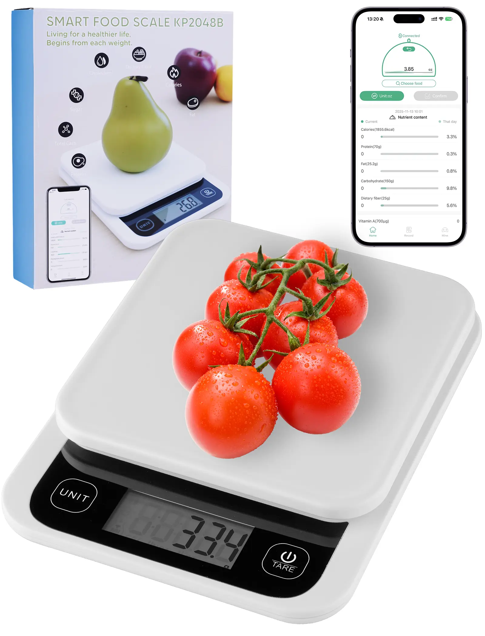 NiHome Smart Digital Kitchen Scale - Bluetooth Sync, 5kg/11.02 lb Capacity, LCD Blue Backlight Display, Free Gourmet App Control, Peeling Function, Nutrition Diary, Health Tracking for Weight Loss, Baking