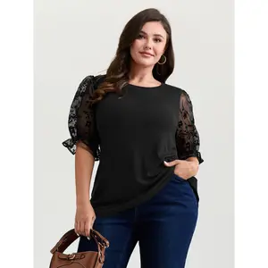 BLOOMCHIC Original Plus Size Women's Casual Spandex-Polyester Patchwork Blouse, Round Neck, Sheer Puffy Turn-Up Sleeves, 2026 Summer T-Shirt, Mother's Day Pick, Fabric Garment Women's Clothes,Summer wins,Deals for you days