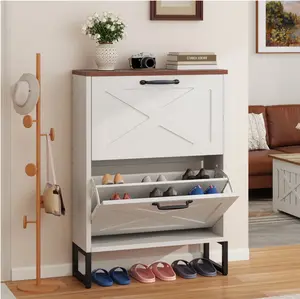 Shoe Cabinet with 2 Flip Drawers, Free Standing Shoe Racks Storage Cabinet with Metal Legs , Famhouse Shoe Rack Organizer Narrow Closet for Entryway Hallway,White