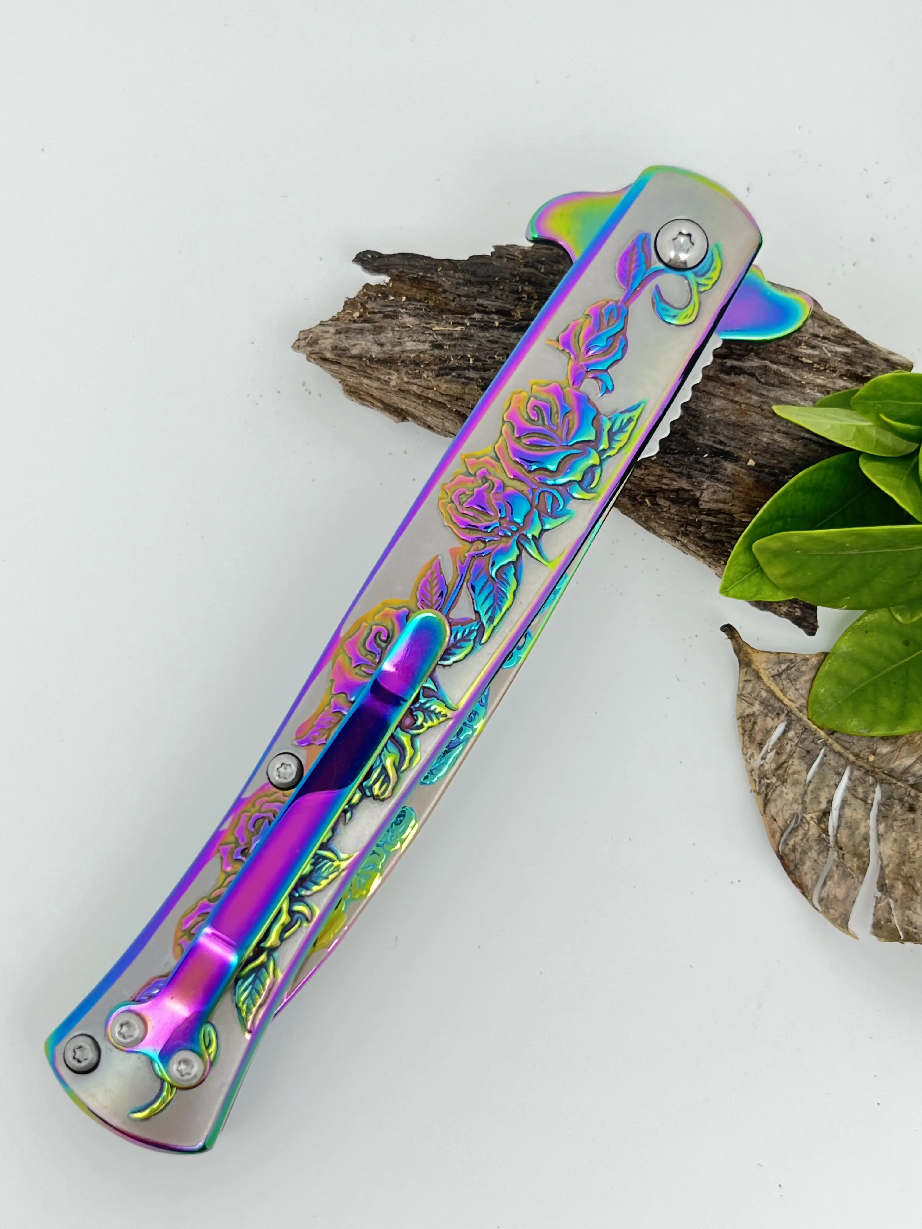 Rainbow Rose Pattern Folding Knife with Stainless Steel Handle - EDC Outdoor Folding Tool for Camping, Whittling, and Carving