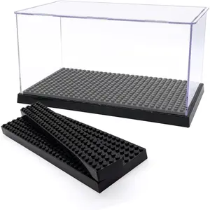 Dustproof Clear Acrylic Display Case for Figures, Clear Display Box with Building Base for Collection Bricks Storage Blocks Aciton Figure Showcase(Black)