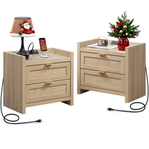 SICOTAS Night Stand Set of 2 - Rattan Nightstands with Type-C Charging Station &  Rattan Drawer - 15.4" x 23.6" x 22.1" Boho Bed Side End Table for Small Apartment Living Room Bedroom, Sturdy and Durable