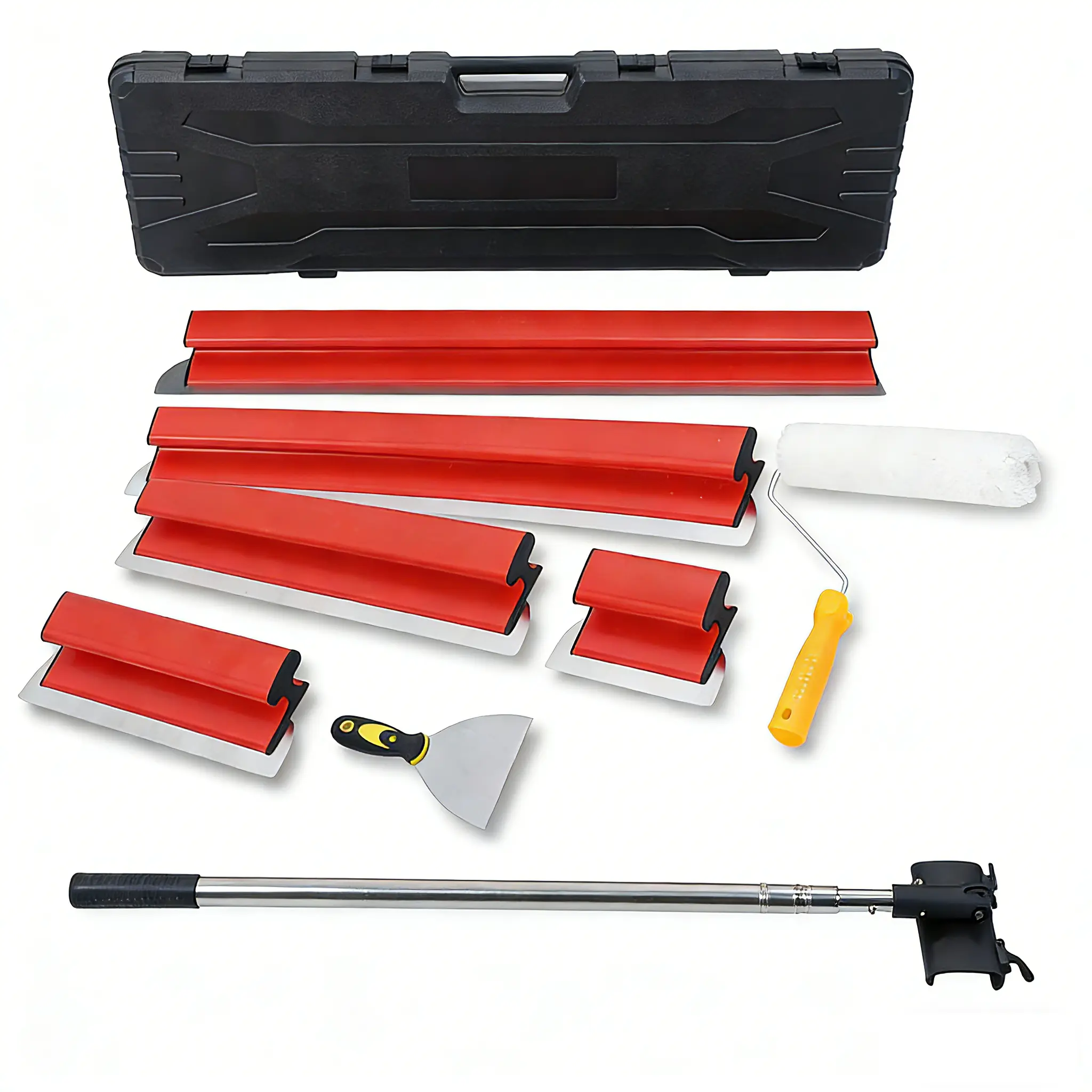 Stainless Steel Drywall Skimming Blade Set (1 Set, 0.3mm Thickness) for Construction, with Drywall Board Scrapers, Portable Case, 7.9"-39.4" Multi-Size Blades, Flexible Extension Handle, Ease Moving Mud, Easy-to-Clean Home Improvement Tools