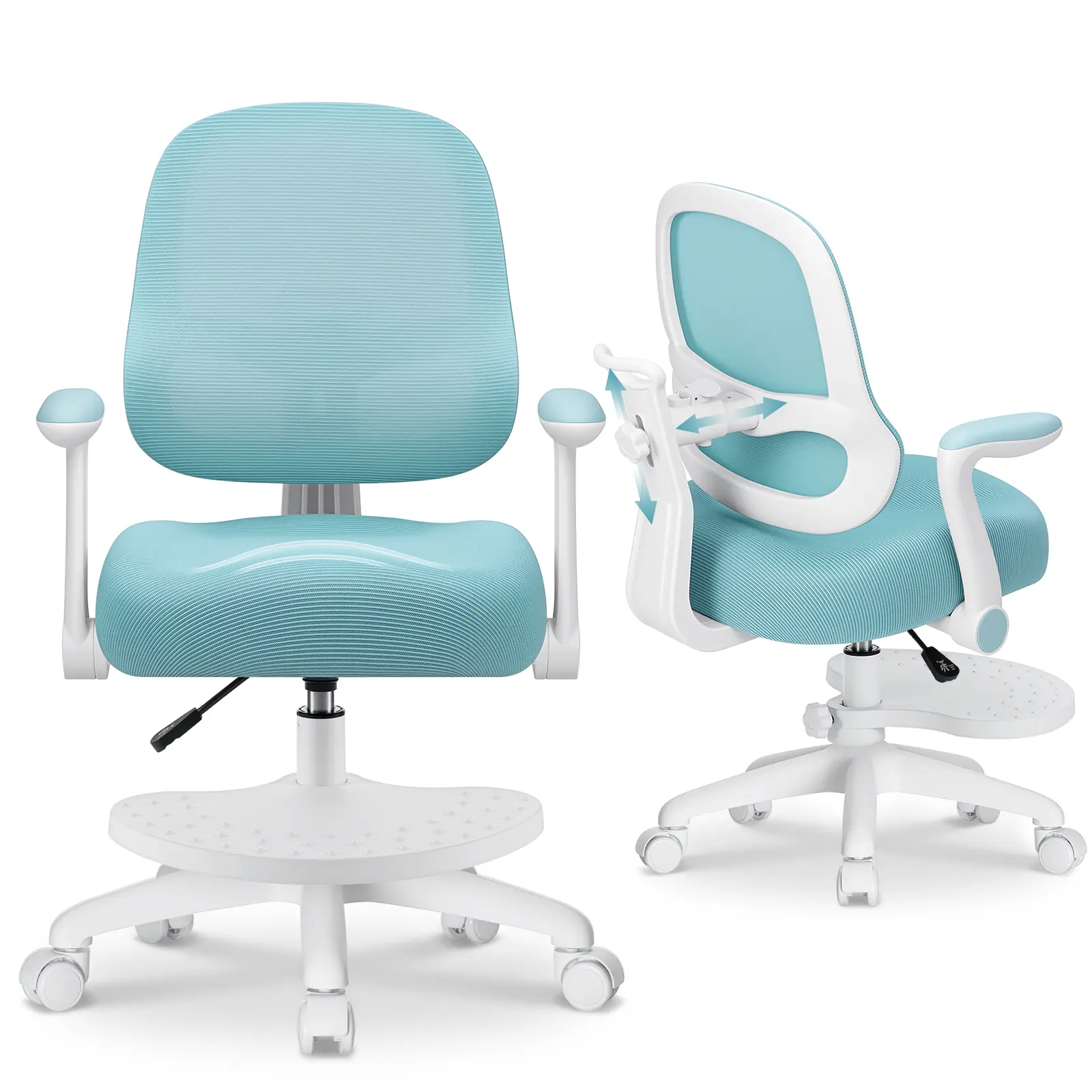 Kids Desk Chair Ergonomic Study Chair wtih Adjustable Backrest-Blue | Saddle-Shaped Cushion;90°Flipped Armrest;Adjustable Backrest/Footrest/Height;Ergonomic Curved Back;Rolling;Breathable Mesh