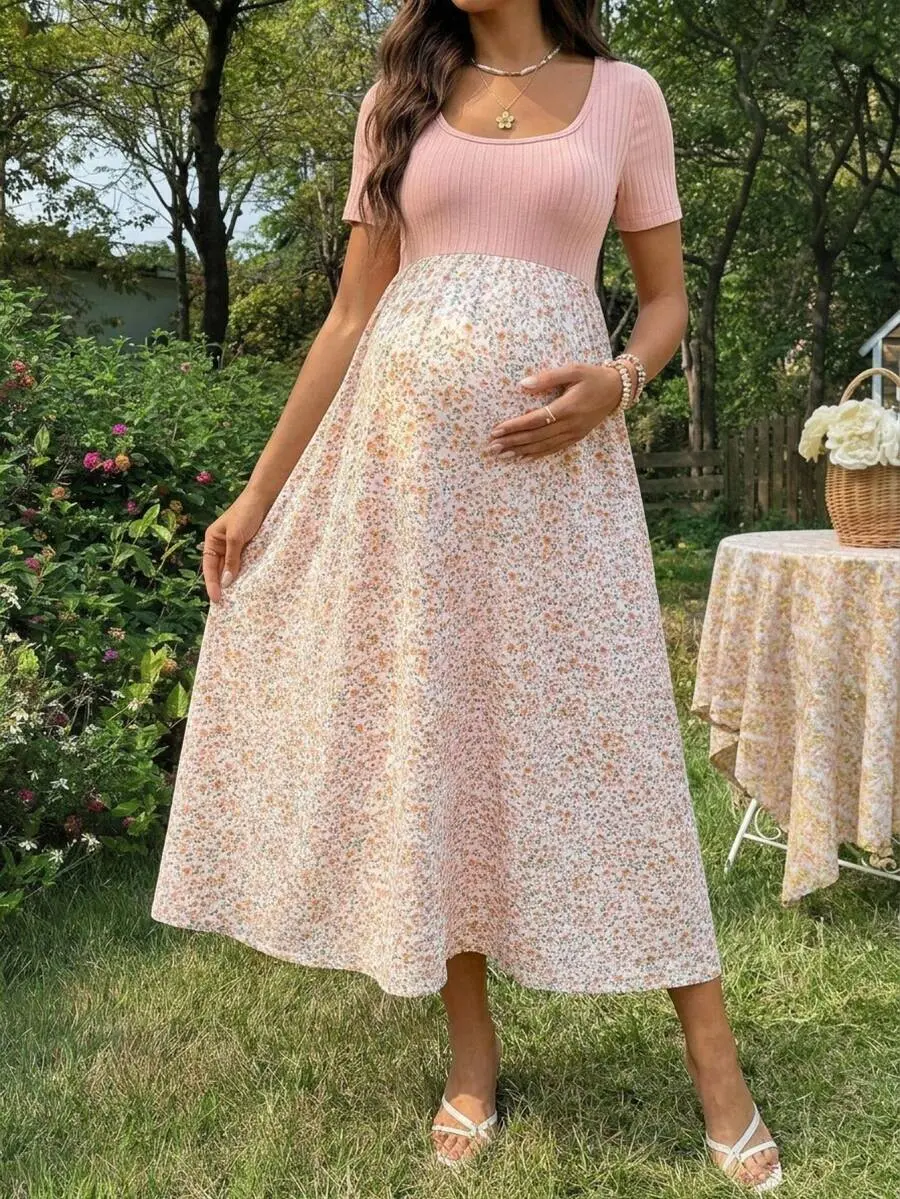 MaterniRIO Maternity Summer Casual Floral Patchwork Dress