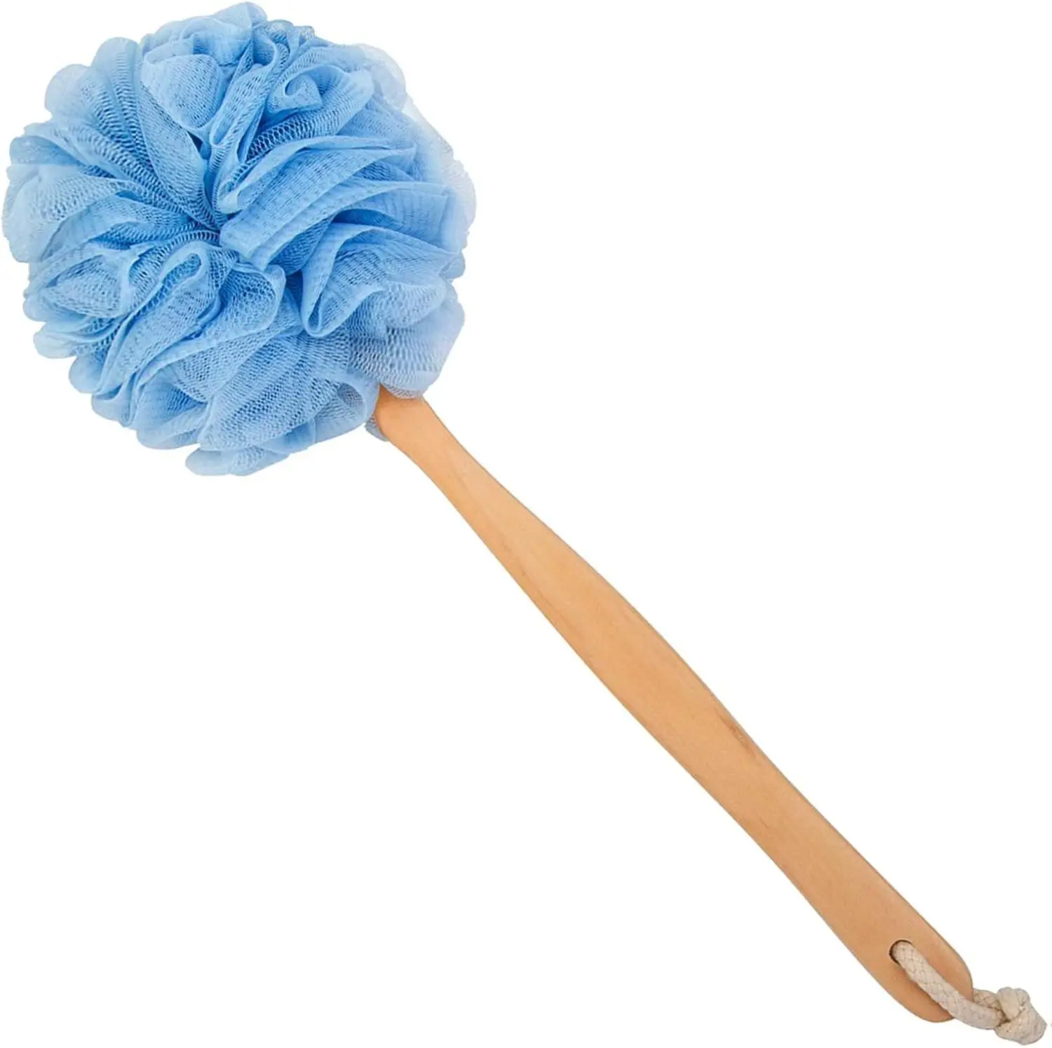 Long Handle Wooden Bath Sponge for Shower, Long Handle Bath Sponge, Soft Nylon Mesh Loofah Shower Brush, Back Scrubber for Women and Men, Exfoliating Pouf