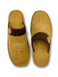 All Season Cowboy Boot Stitch Suede Leather Slippers with Square Toe Comfy House Shoes for Unisex Indoor Outdoor