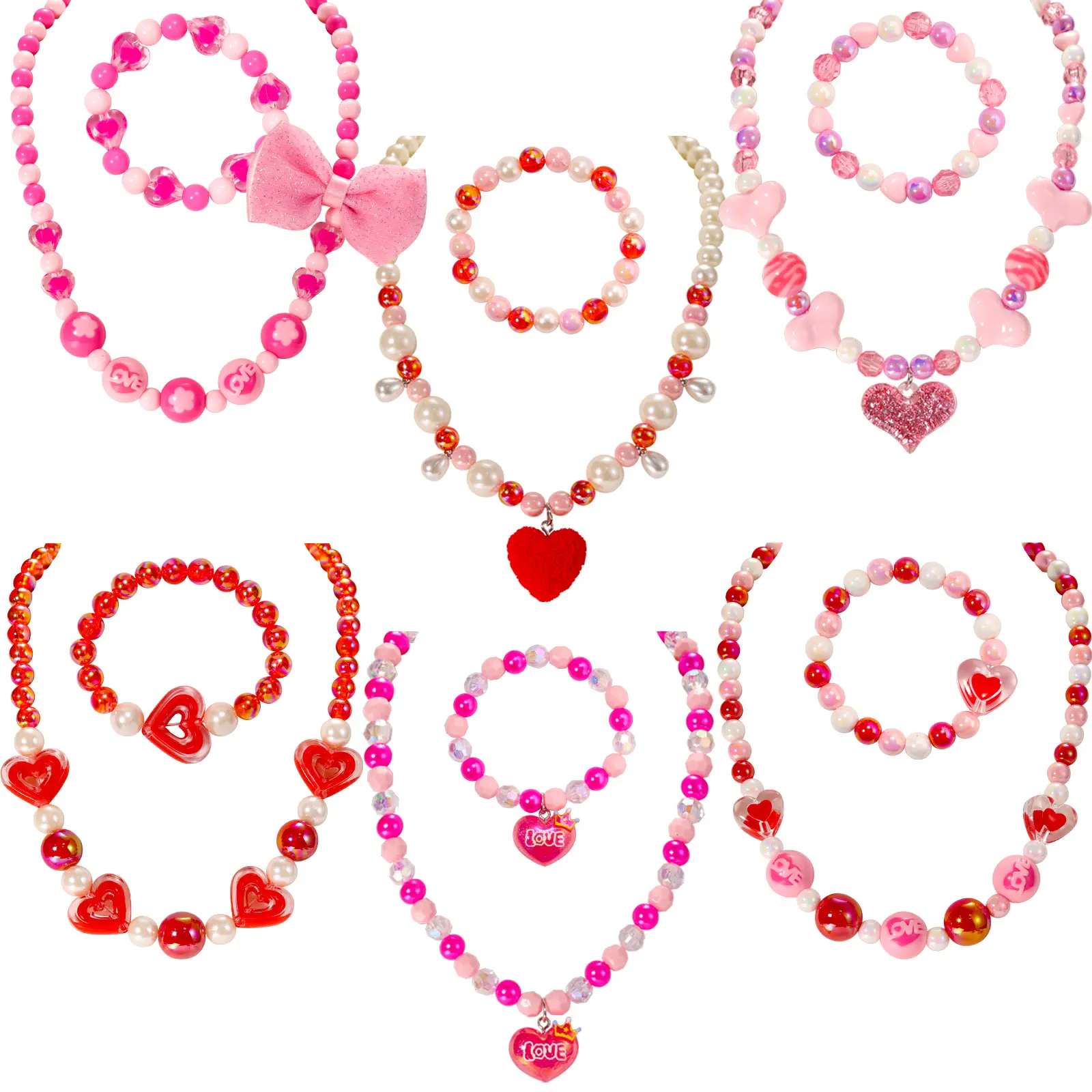 PinkSheep Kids Classic Jewelry - 6 Sets of Beaded Necklaces & Bracelets for Girls, Versatile Accessories for Various Occasions