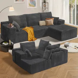 105’’ Modular L-Shape Sectional Couch, Couches for Living Room with Deep Seat, Modern Minimalist Upholstered Couches with Chaise, No Assembly Required, Grey, Right Facing Corduroy Fabric Sofa.