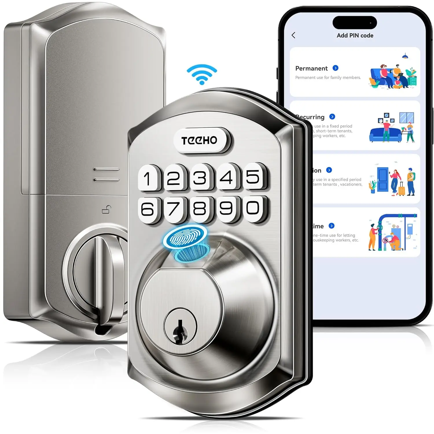 WiFi  Lock TE012W, Fingerprint Door Lock with Built-in , Keyless Entry Keypad  Deadbolt, App Remote Control, Alexa Compatible, IP55  for Front Door - Satin Nickel