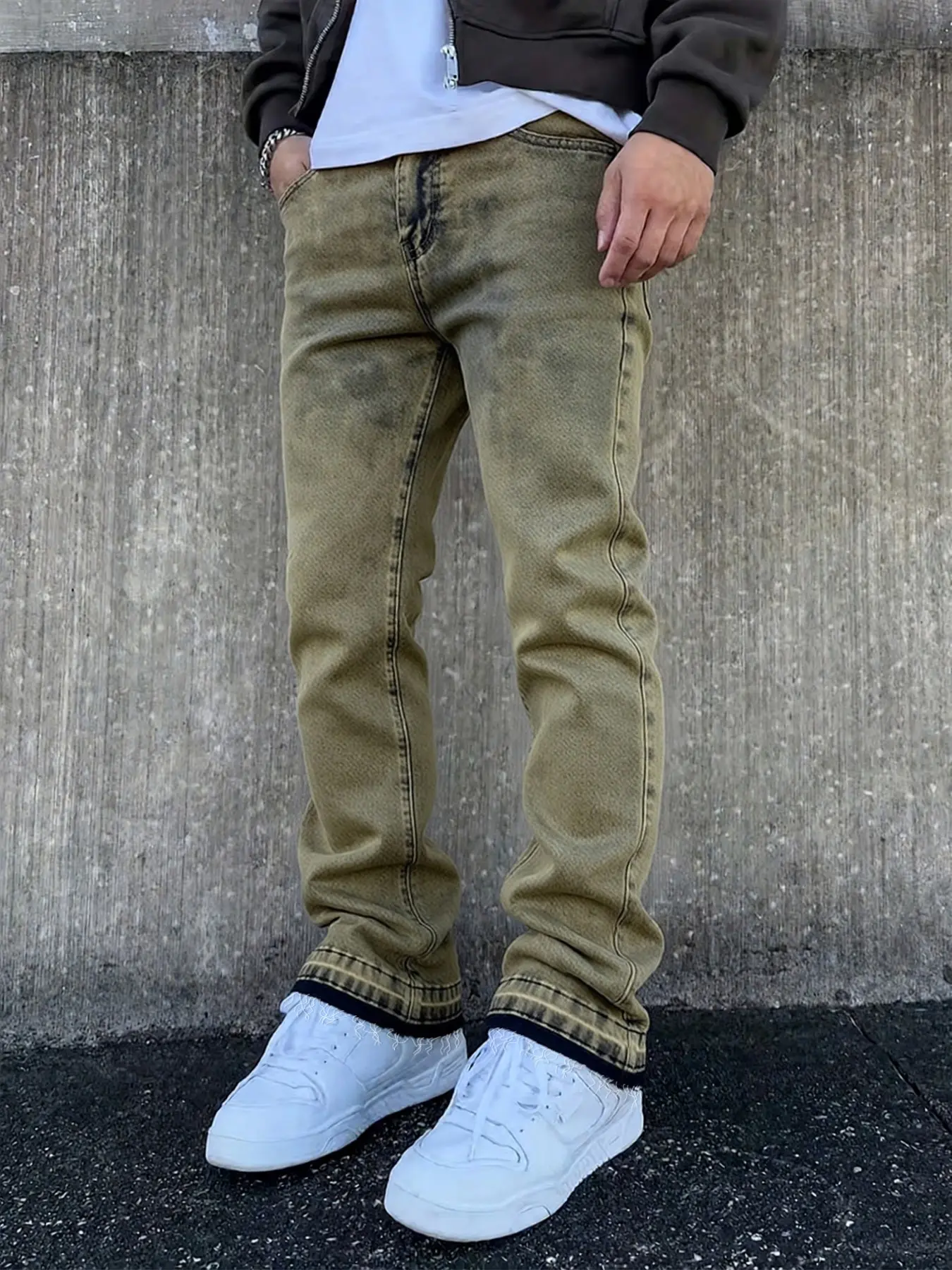 Four-season menswear rust-yellow slim-fit stretch micro-flare Denim Fashion Casual jeans, a Y2K-style American streetwear casual and versatile style, suitable as a gift for boyfriends and husbands Pants Pockets