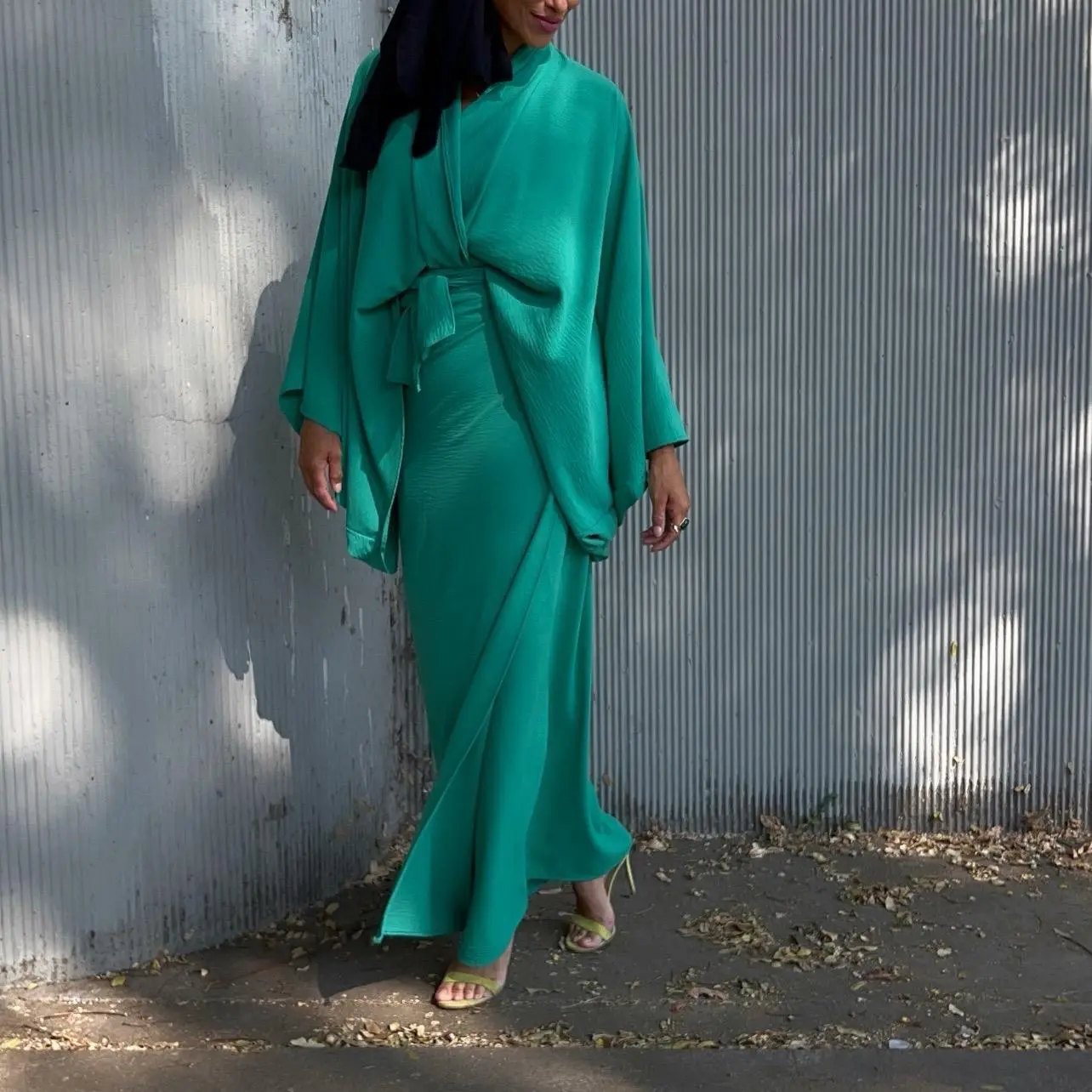 Vibrant Green Long Wrap Skirt and Matching Loose Fit High Low Cut Kimono (sold as a set) Clothing Womenswear