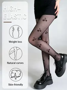 Plush Cherry Fishnet Stockings, Sweet Cool Girl Style, High Waist Slim-Fit, All-Over Print, Fashionable for All Seasons