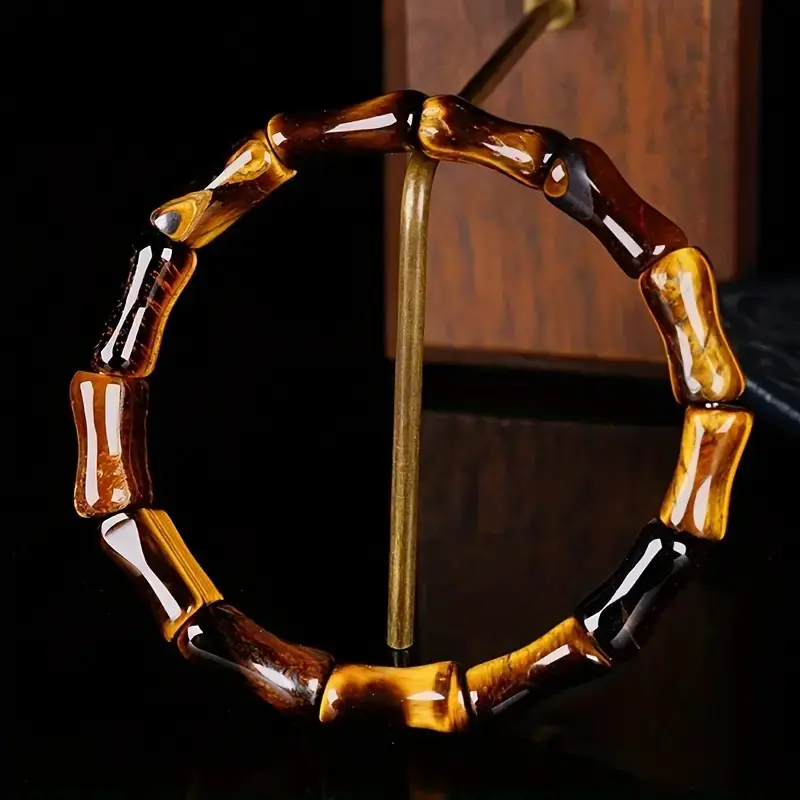 Natural Tiger Eye Flexible Bamboo Crystal Gemstone Bracelet - Handmade Craft, Durable Links for Daily Wear, Energy Shielding, Spiritual Healing Jewelry for Men & Women, Chakra Balancing Gift