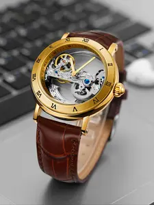 1pc Classic Vintage Skeleton Automatic Mechanical Men's Watch, Analog Watch, Luminous Hands, Top Brand Leather Strap, Business Casual Fashion Wristwatches