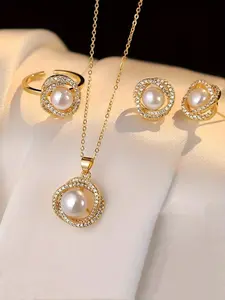 Faux Pearl & Rhinestone Decorated Jewelry Set, Glamour Set, Elegant Pendant Necklace & Ring & Stud Earrings, Fashionable Jewelry Set, Fashion Jewelry for Party, Daily Decor, Trendy All-match & Exquisite Jewelry for Birthday Gift