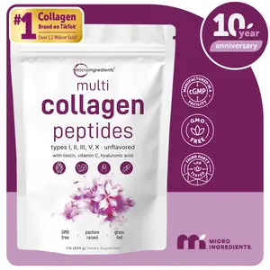 Micro Ingredients Multi Collagen Peptides Powder - Hydrolyzed Protein Peptides (Type I,II,III,V,X) with Hyaluronic Acid, Biotin & Vitamin C Unflavored
