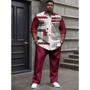 Manfinity Dauomo Plus Size Men's Red Ombre Square Pattern Long Sleeve Tracksuit, Fashionable Loungewear Set