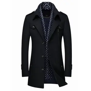 Men's Wool Blend Trench Coat with Detachable Soft Scarf Notched Collar Single Breasted Pea Coat Overcoat