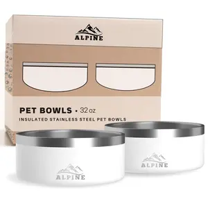 ALPINE Set of 2 Stainless Steel Dog Bowls, Non Slip, Metal Pet Bowl for Food and Water, Double Walled Insulated, Rustproof, Dishwasher Safe (32 oz, White)