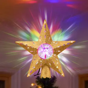 Golden Rotating Christmas Tree Topper with RGB LED Lights, 360° Spinning Diamond & Projection, Festive Tree Decoration with Power, Christmas Tree Topper with Lights, Christmas Decorations for Home Indoor, Candyland Christmas Tree Decorations